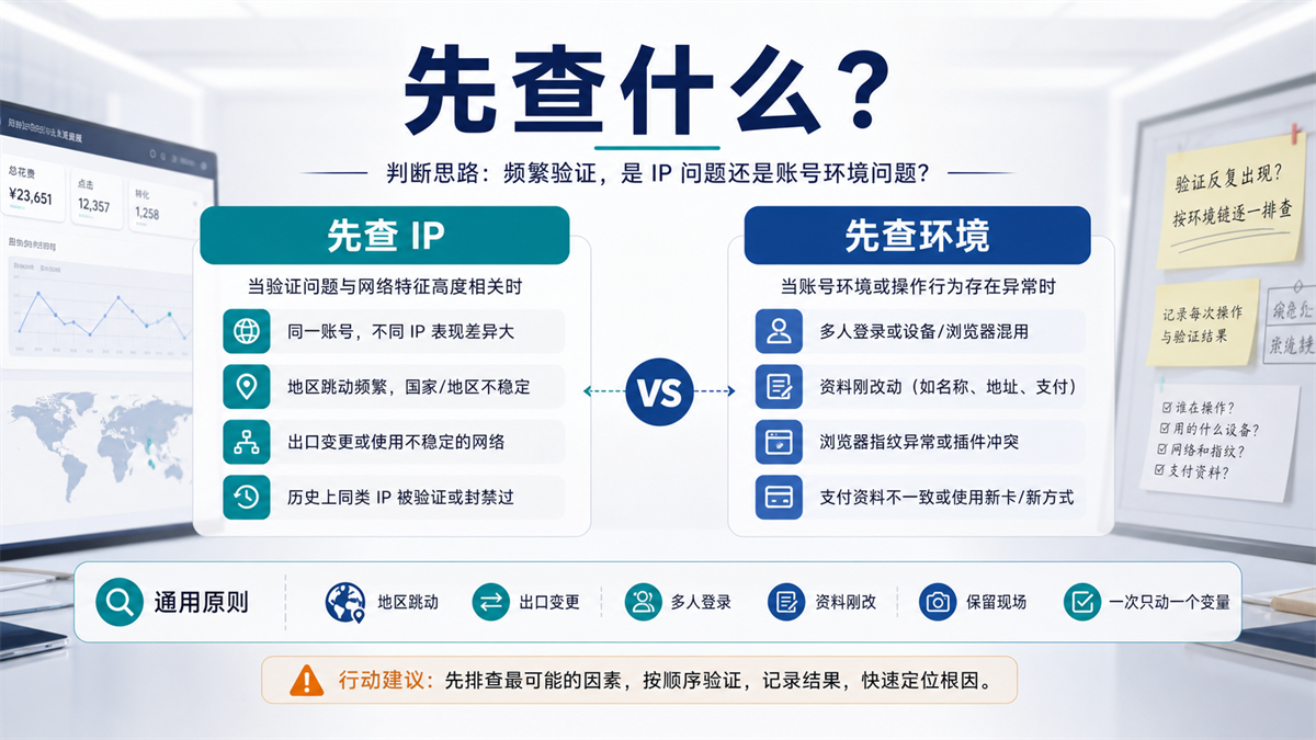 Google Ads 频繁验证排查判断矩阵,说明什么时候先查 IP,什么时候先查浏览器环境和账号资料。