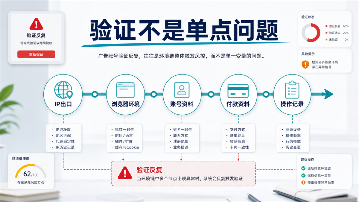 Google Ads 账号验证排查链路图,展示代理出口、浏览器环境、账号资料和操作记录之间的关系。