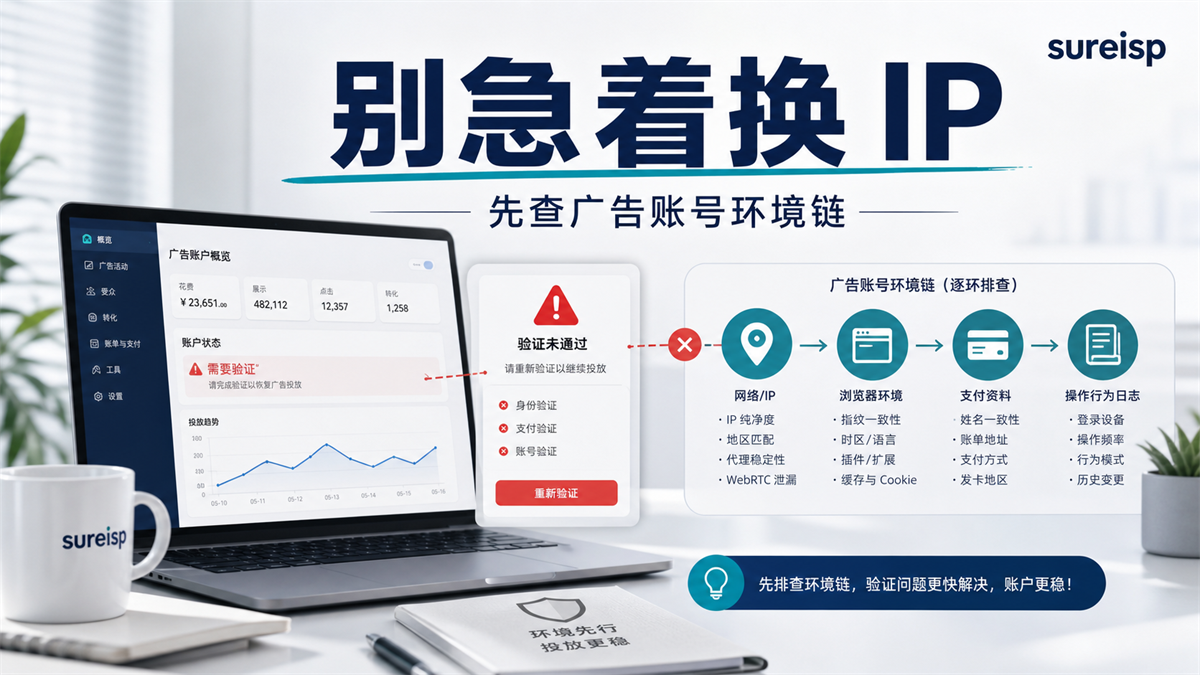 Google Ads 频繁验证场景图,展示 IP 正确但账号验证仍然反复出现。