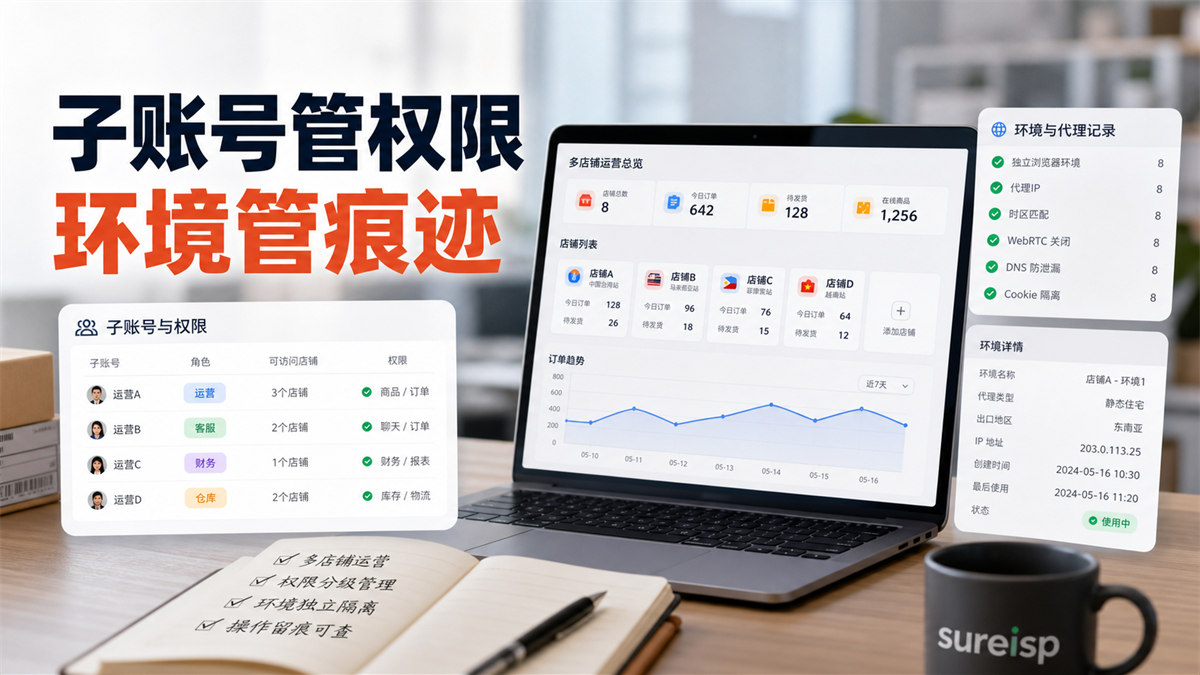 Shopee 多店铺运营场景图,展示子账号权限和浏览器环境记录需要分开管理。