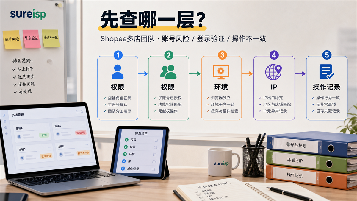 Shopee 多店铺风险提醒后的排查顺序图,展示权限、环境、IP 和操作记录的检查层级。