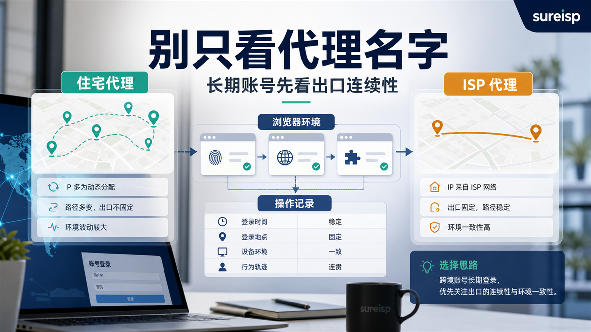 住宅代理和 ISP 代理用于跨境账号长期登录的选型对比图
