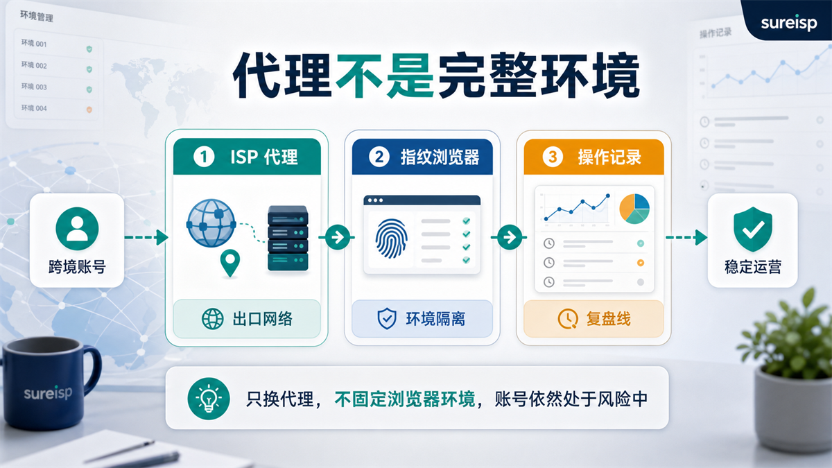 ISP 代理、浏览器环境和操作记录三层关系图