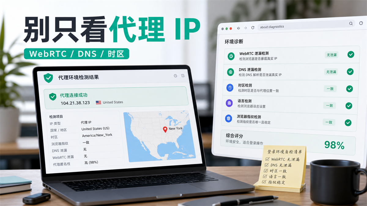 WebRTC 泄露和代理 IP 环境检查示意图