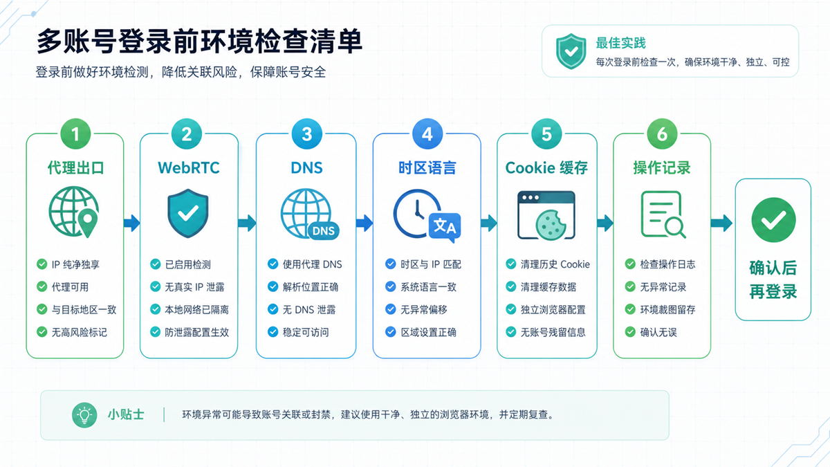 多账号登录前 WebRTC 代理 DNS 和浏览器环境检查流程图