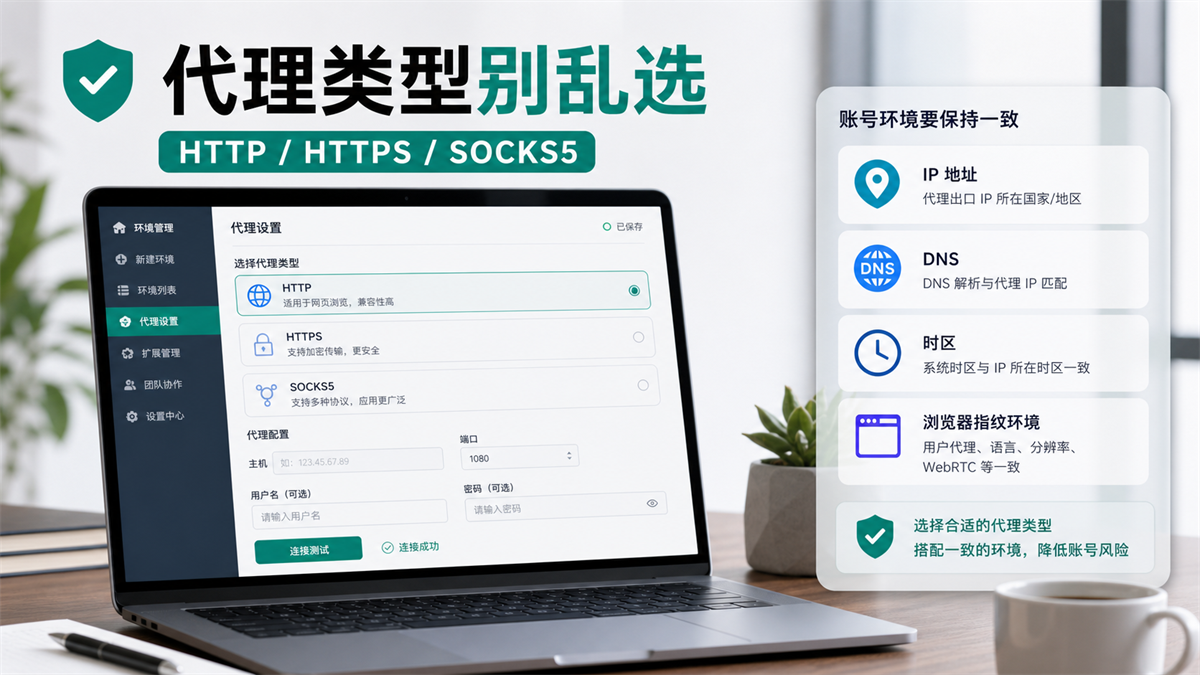 指纹浏览器里选择 HTTP HTTPS 和 SOCKS5 代理类型的配置示意图