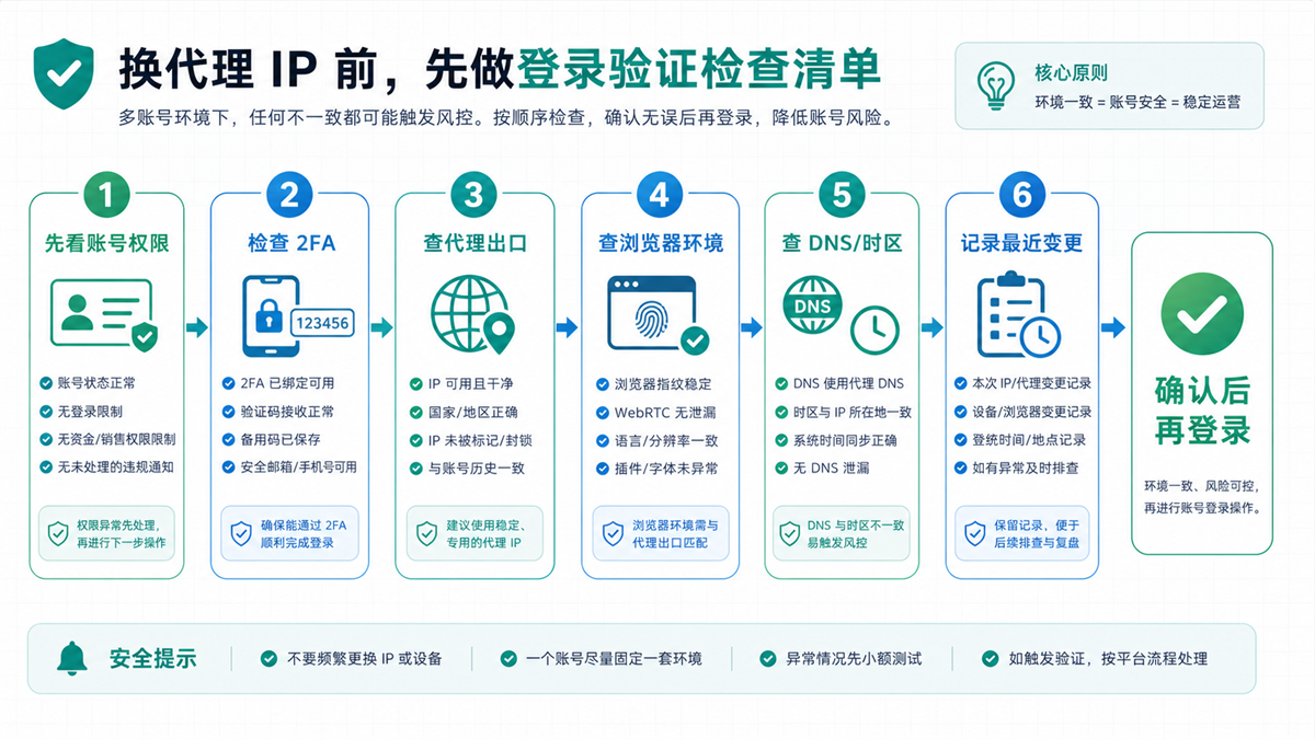 Amazon Seller Central 登录前和换 IP 前的检查流程图