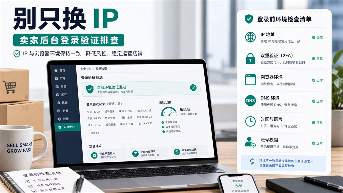 Amazon Seller Central 登录验证时不要只换 IP 的环境排查示意图