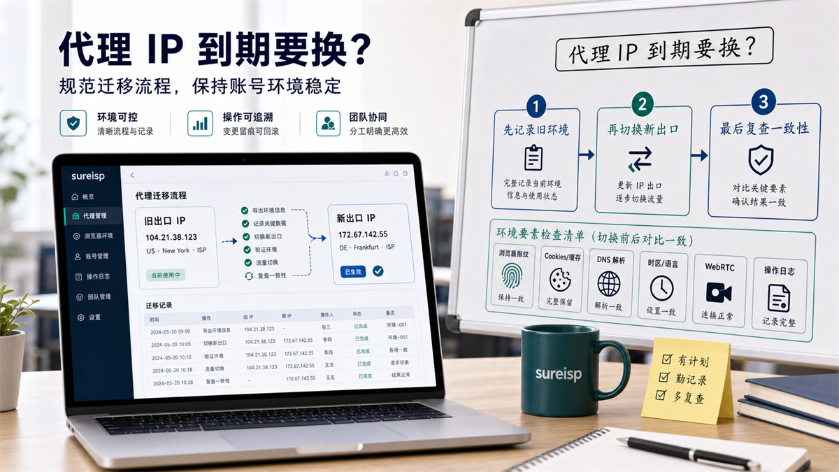 代理 IP 到期更换时账号环境迁移流程示意图