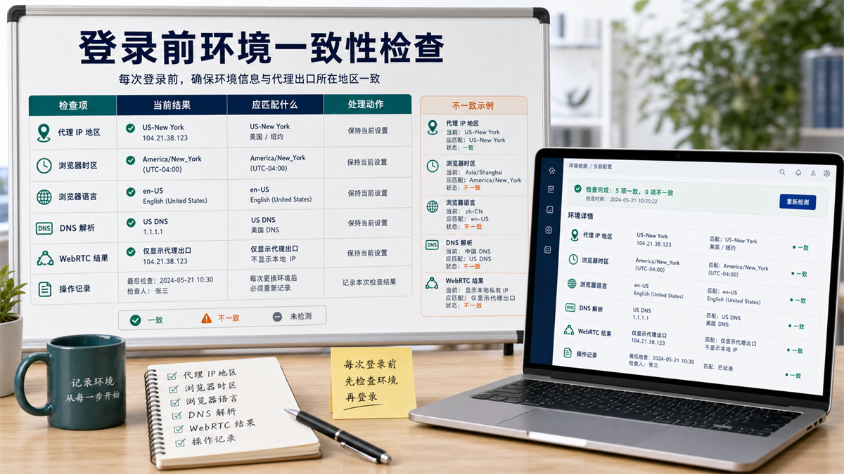 账号登录前代理 IP 时区语言 DNS WebRTC 一致性检查表