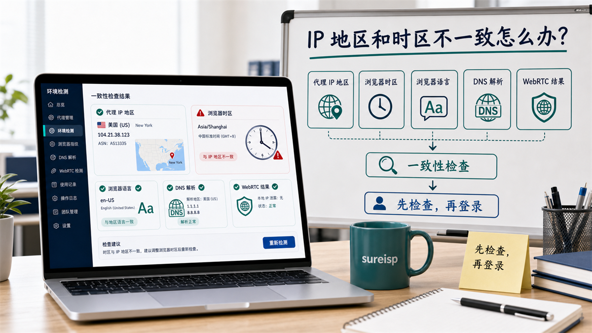 代理 IP 地区和浏览器时区不一致的环境检查示意图