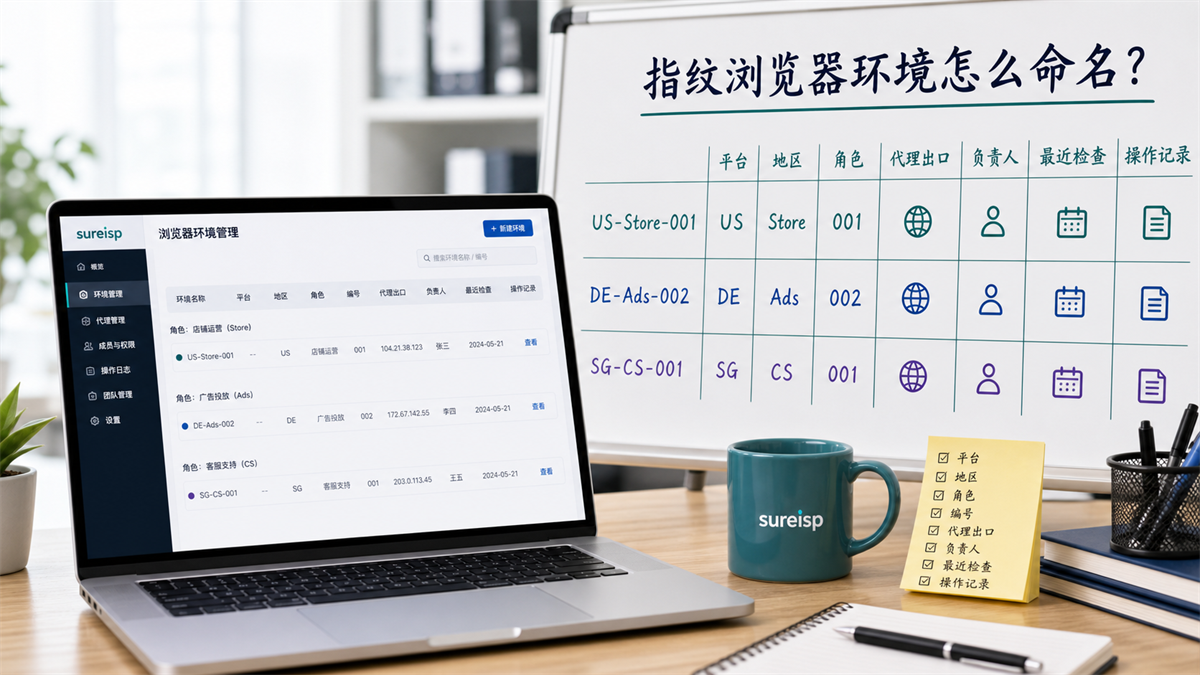 指纹浏览器环境命名和代理出口负责人记录示意图