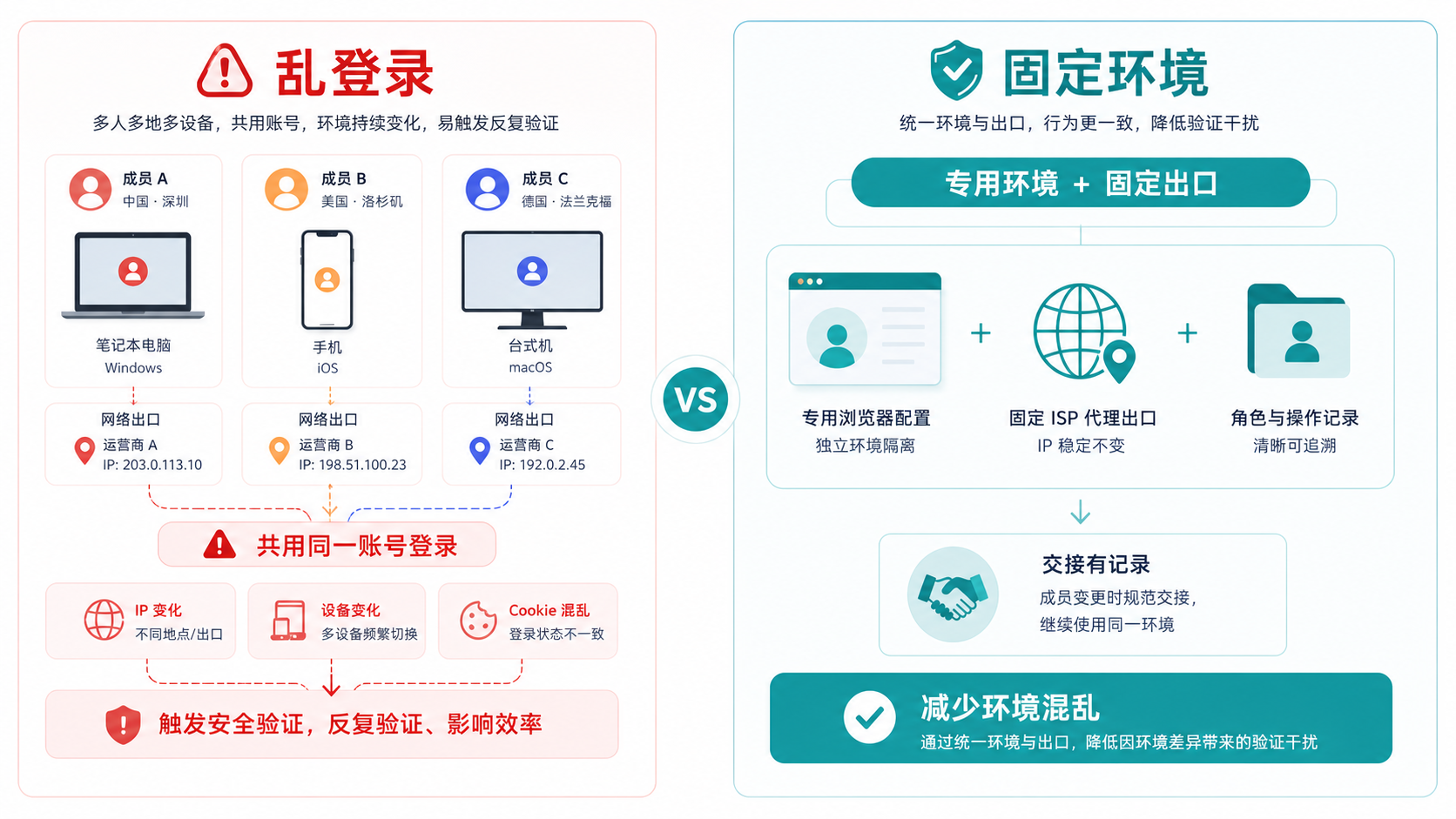 多人乱登录和固定环境登录的差异对比图
