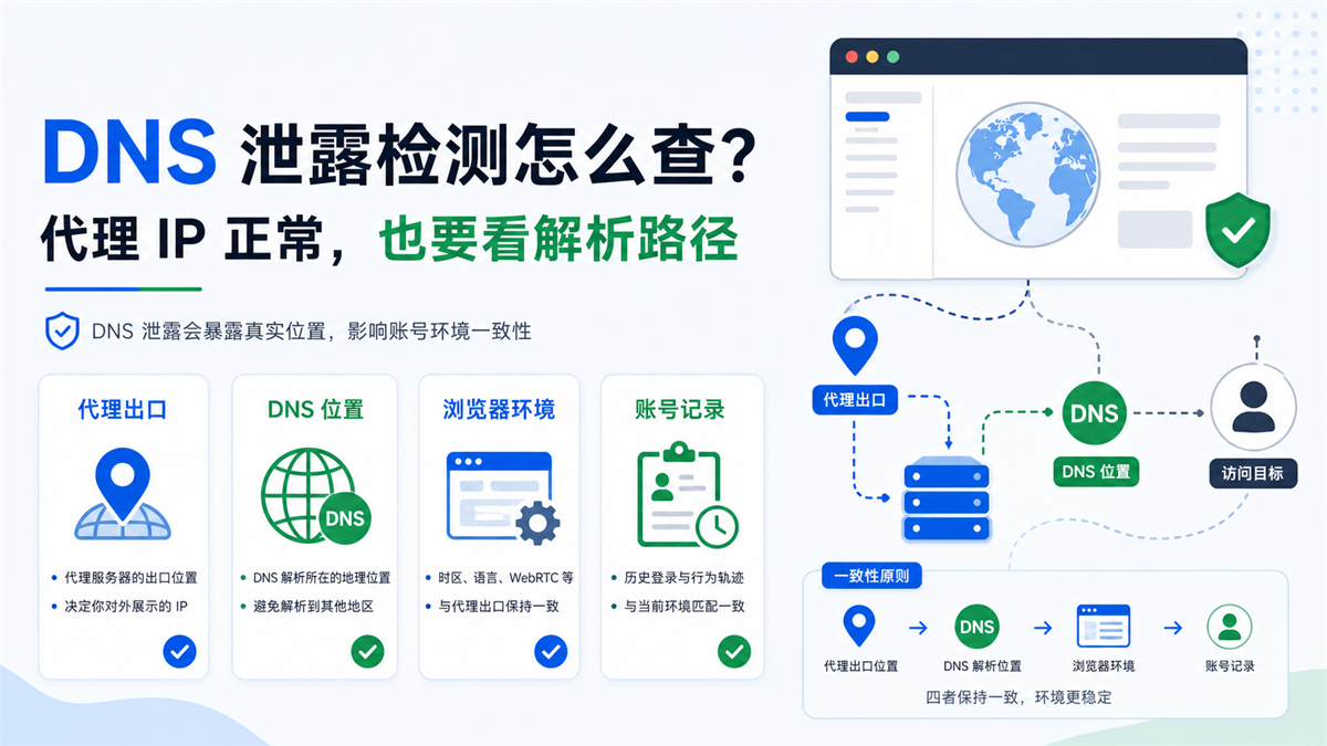 DNS 泄露检测中代理出口、DNS 位置、浏览器环境和账号记录一致性的示意图