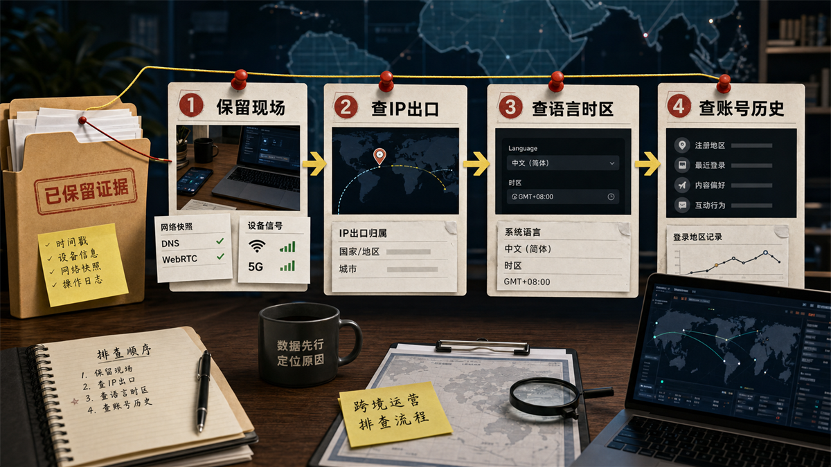 TikTok 区域不对时从保留现场到检查代理和浏览器环境的排查流程图