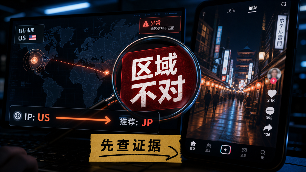 TikTok 区域不对时 IP、语言、时区和账号历史排查的首图