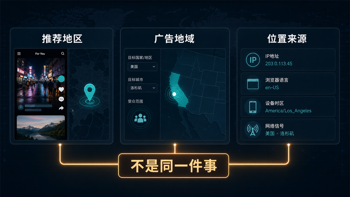 TikTok 内容推荐地区、广告地域和位置来源三类区域问题对比图