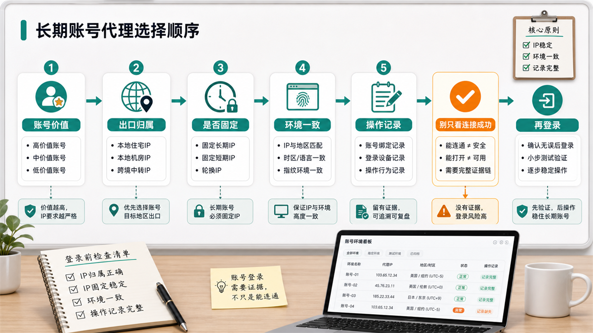 长期账号代理选择顺序:账号价值、出口归属、是否固定、环境一致、操作记录和再登录