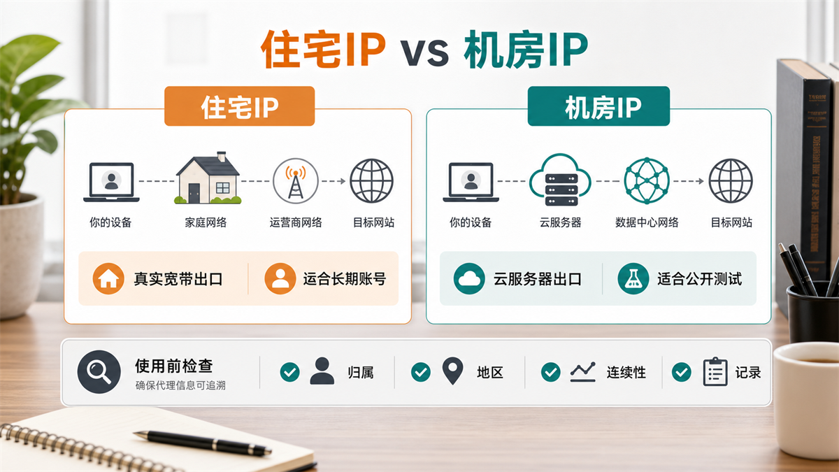 住宅 IP 和机房 IP 的来源、适合场景和使用前检查对比图