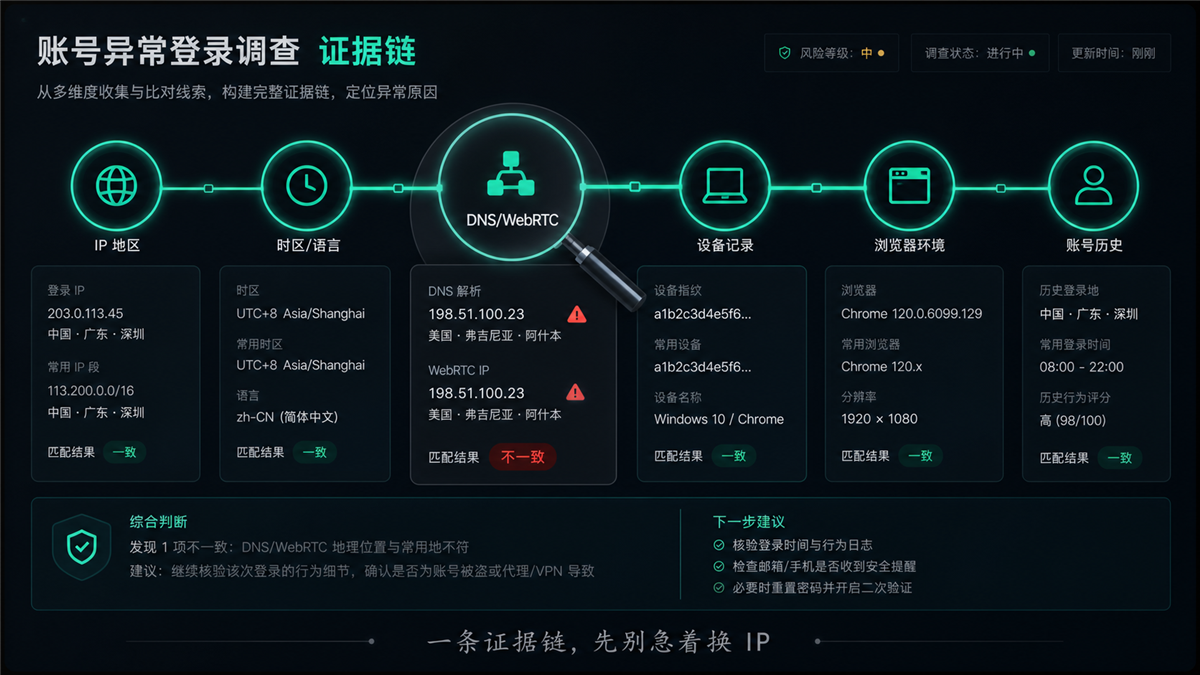 账号异常登录调查证据链包含 IP 地区时区 DNS WebRTC 设备记录浏览器环境和账号历史