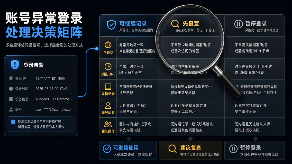 账号异地登录验证处理决策矩阵按可继续记录先复查和暂停登录分层