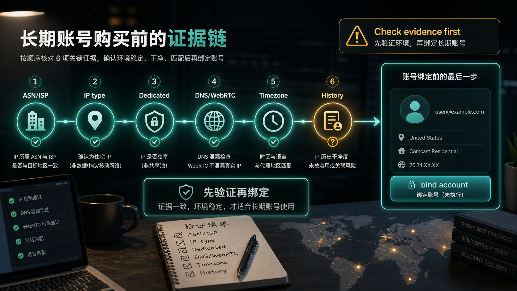 长期账号购买 ISP proxy 或 static residential proxy 前应核对 ASN ISP IP type DNS WebRTC 时区和账号历史证据链