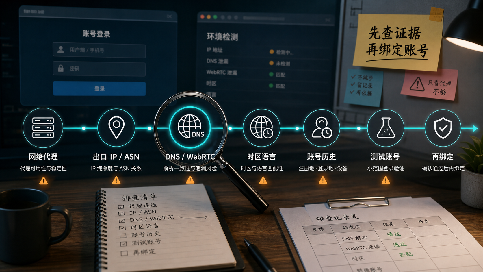 网络代理用于账号登录前要检查出口 DNS WebRTC 时区语言和账号历史